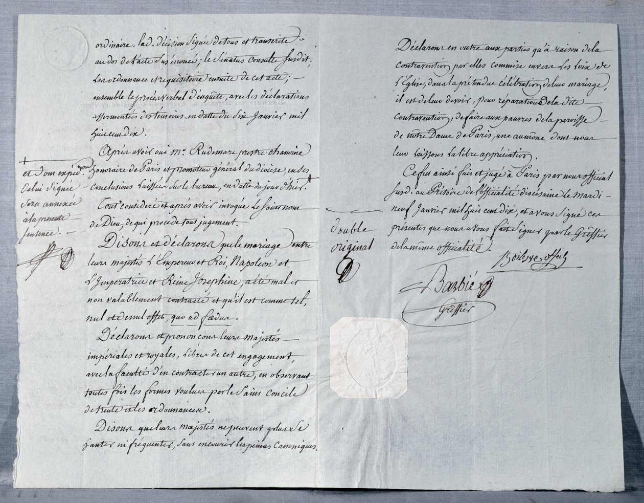 بيان طلاق الإمبراطور نابليون بونابرت (1769-1821) والإمبراطورة جوزفين (1763-1814) 9 يناير 1810 بواسطة المدرسة الفرنسية