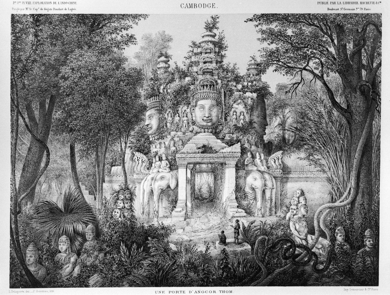 مدخل أنجكور ثوم ، رسم توضيحي من Atlas du voyage dexploration en Indochine ، 1866-68 بواسطة Doudart de Lagree ، تم نشره عام 1873 ، باريس ، Hachette بواسطة المدرسة الفرنسية