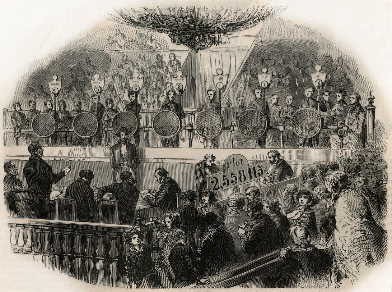 رسم يانصيب Ingot d'Or في قاعة السيرك في الشانزليزيه (الشانزليزيه) في منتصف القرن التاسع عشر - نقش في "Tableau-de-Paris" بقلم إدموند تيكسييه 1852 بواسطة المدرسة الفرنسية