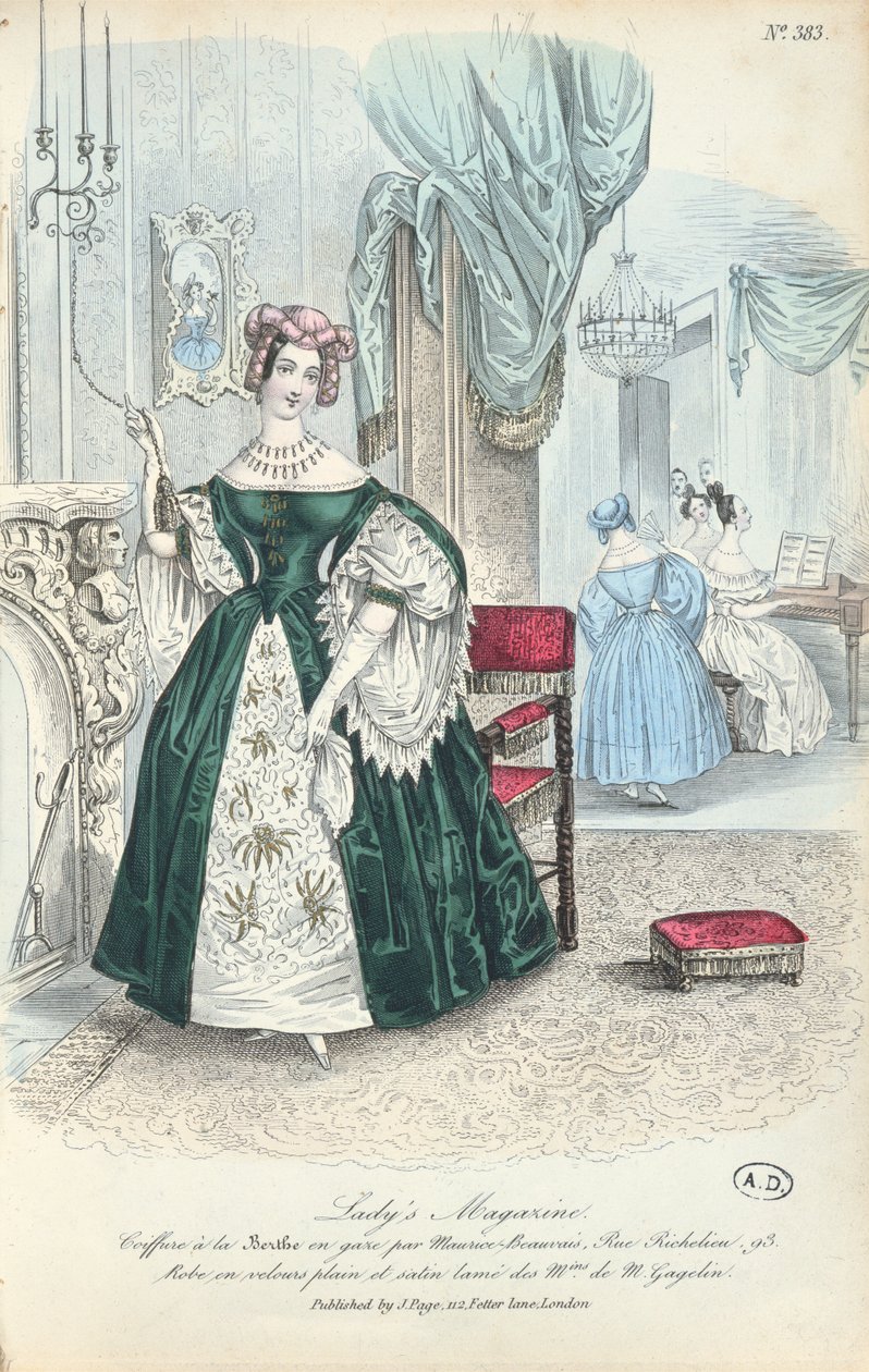 فستان من الساتان المخملي العادي والعرج ، لوحة أزياء باريسية من مجلة Ladys ، نشرت في لندن ، 1831 بواسطة المدرسة الفرنسية