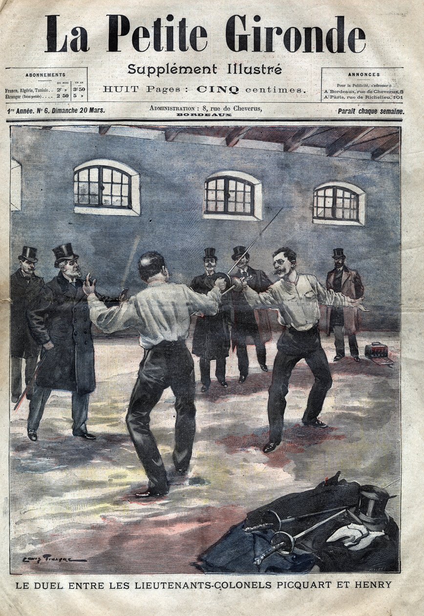 قضية دريفوس: المبارزة بين المقدم جورج بيكوارت (1854-1914) وهوبير هنري (1846-1898) في المدرسة العسكرية في باريس. غلاف "لا بيتيت جيروند" الصادر في مارس ١٨٩٨ (نقش) بواسطة المدرسة الفرنسية