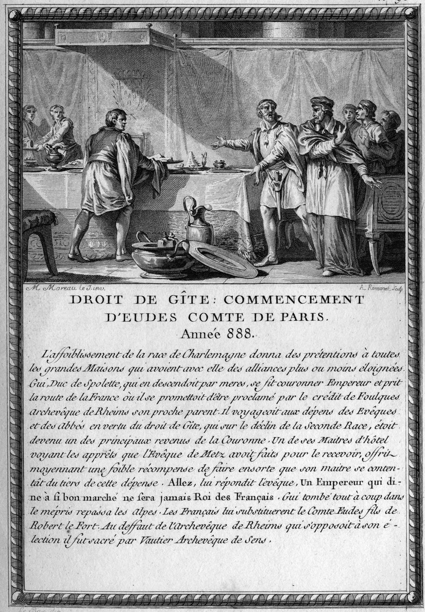 Droit de Gite ، بداية أوديس ، كونت باريس ، سنة 888. كان الملك غي (غوي) الثالث ، دوق سبوليت (توفي 894) هوبرغر من قبل حواء ميتز تحت يمين كوخ (يعطي الحق الإقطاعي للرب الحق ليكون شجاعًا من قبل شعبه عندما ينتقل للعيش فيه بواسطة المدرسة الفرنسية