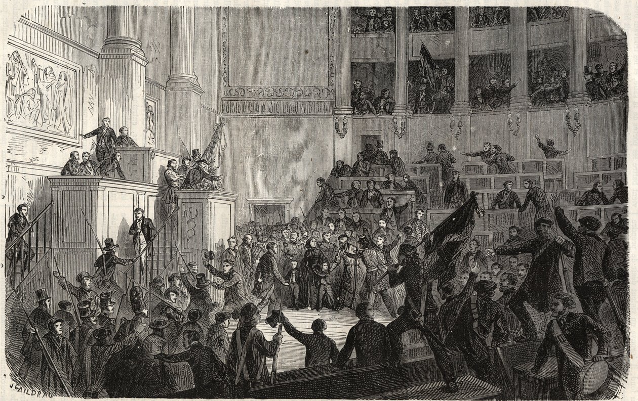 دوقة أورليانز في Chambre des Deputes (1848) ، باريس ، فرنسا - ثورة 1848 - دوقة أورليانز في غرفة المندوبين في باريس في وقت إعلان الجمهورية "(هيلين دي ميكليمبور شفيرين ، دوقة أورليانز ثلاثي بواسطة المدرسة الفرنسية