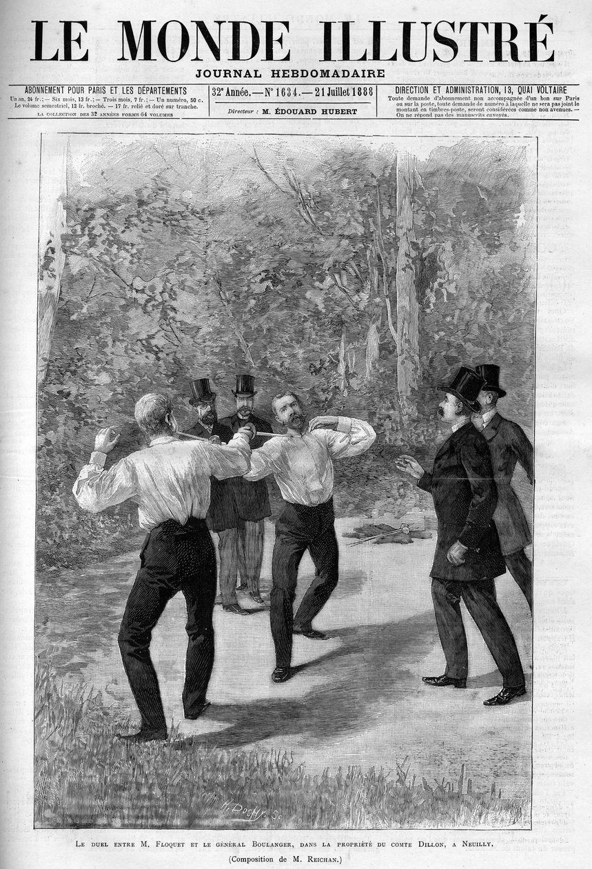 مبارزة بين تشارلز فلوكيه (1828-1896) والجنرال بولانجر (1837-1891) في عام 1888 بعد تبادل لفظي في المنزل. بواسطة المدرسة الفرنسية