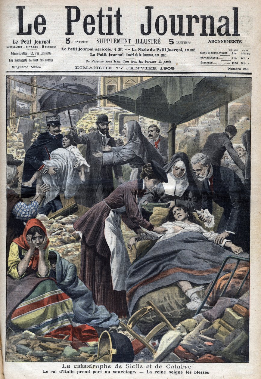 زلزال صقلية ، كالابريا 1909 "مجلة لو بيتي" في يناير 1909 (نقش) بواسطة المدرسة الفرنسية