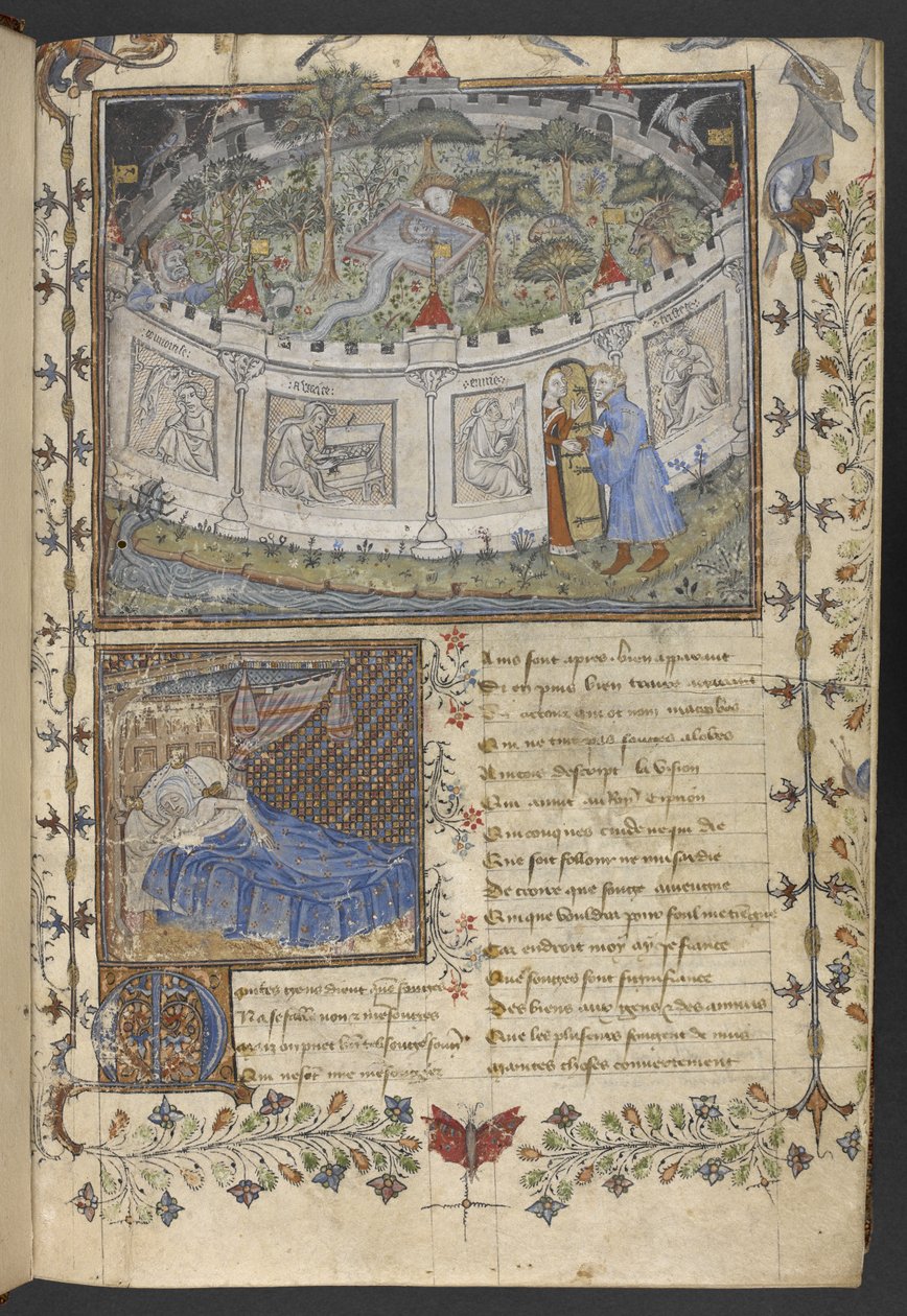 Egerton MS 1069 f.001r The Walled Garden ، رسم توضيحي من "Roman de la Rose" بقلم Guillaume de Lorris و Jean de Meung ، حوالي 1400 (حبر ولون على الرق) بواسطة المدرسة الفرنسية