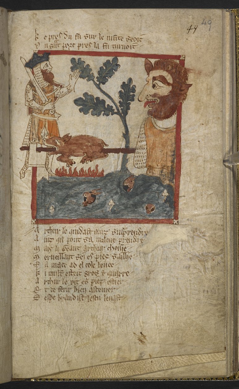 Egerton MS 3028 f.49r من "Roman de Brut" لوايس (حبر ولون على ورق) بواسطة المدرسة الفرنسية