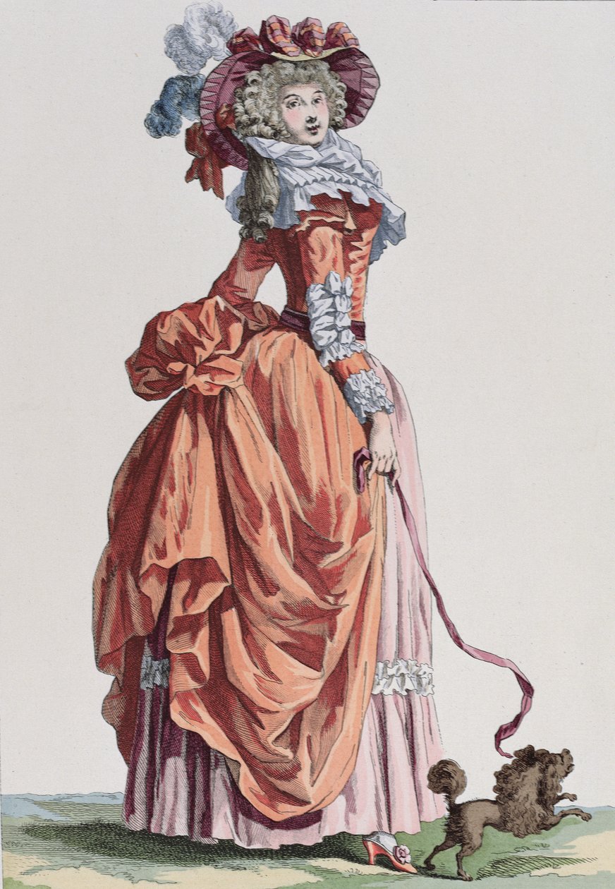 امرأة أنيقة مع كلبها ، لوحة الموضة من Galerie des Modes et Costumes Francais ، محفورة بواسطة Bacquoy (نقش الألوان) بواسطة المدرسة الفرنسية