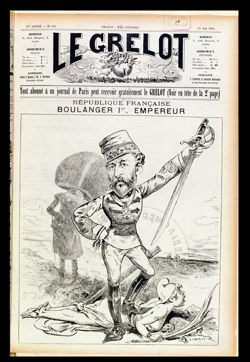 الإمبراطور بولانغر الأول ، كاريكاتير من الغلاف الأمامي لـ Le Grelot ، 29 مايو 1887 بواسطة المدرسة الفرنسية