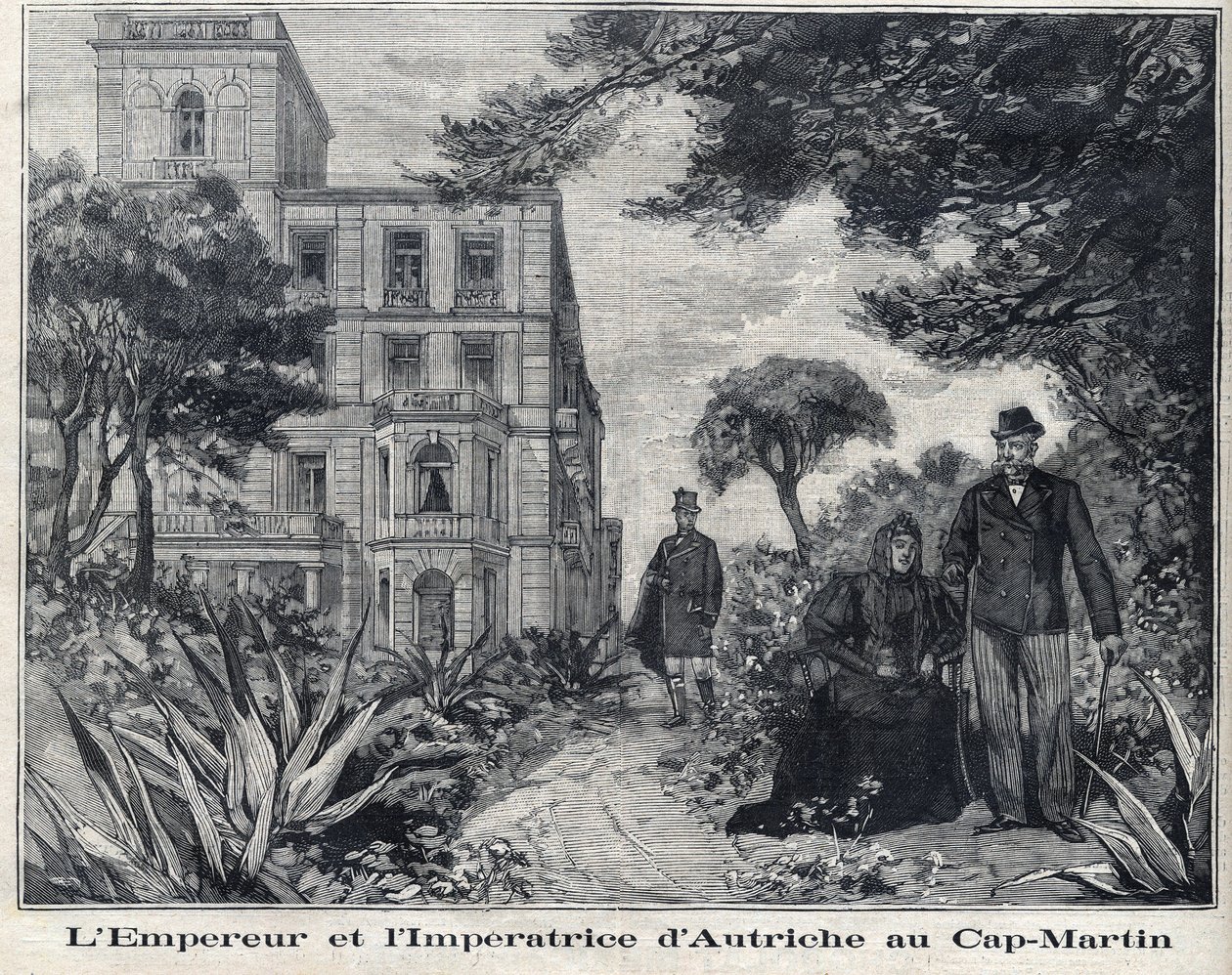 إمبراطور النمسا فرانسوا جوزيف الأول (1830-1916) وإمبراطور النمسا إليزابيث أميلي من فيتلسباخ المعروف باسم سيسي (1837-1898) في كاب مارتن في منطقة ألب ماريتيم في بروفانس ألب كوت دازور. في "Le Petit Parisien" " بواسطة المدرسة الفرنسية