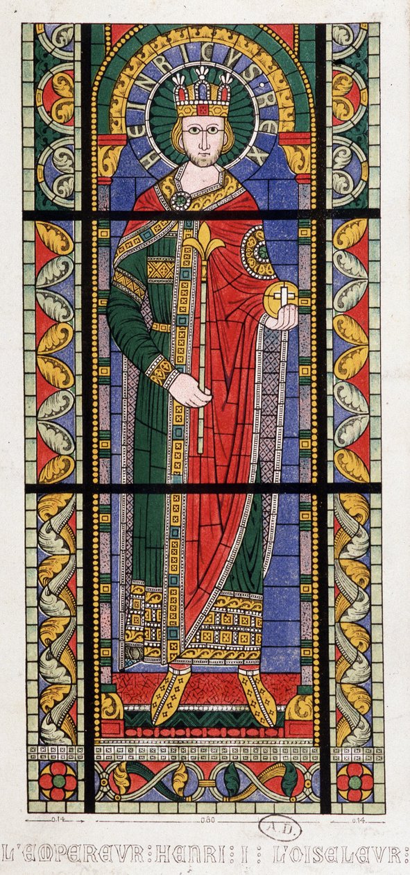 الإمبراطور هنري الأول الطائر (875 - 936). نافذة زجاجية ملونة من Cathedrale de Strasbourg. بواسطة المدرسة الفرنسية