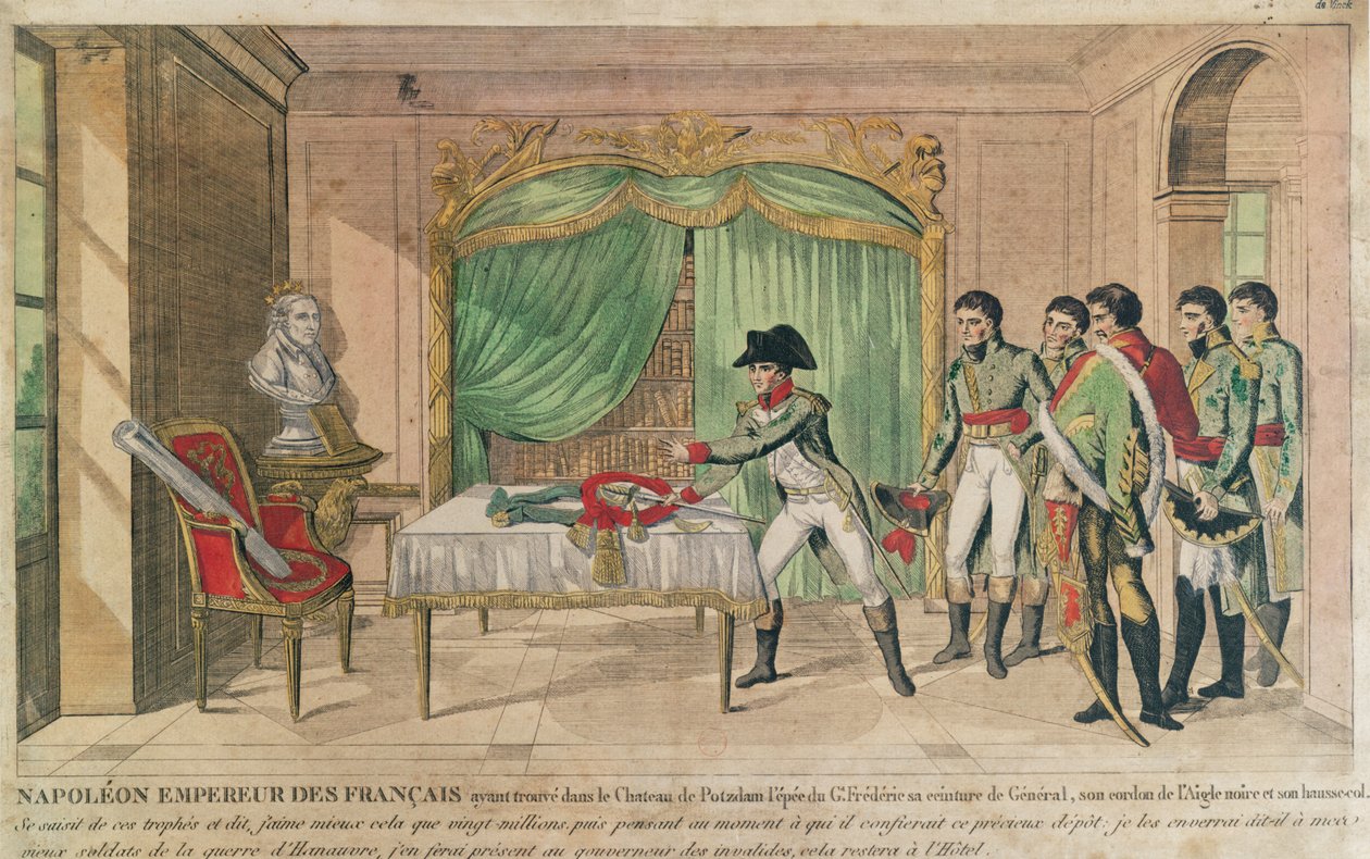 الإمبراطور نابليون الأول يفكر في سيف فريدريك العظيم في بوتسدام عام 1806 (نقش الألوان) بواسطة المدرسة الفرنسية