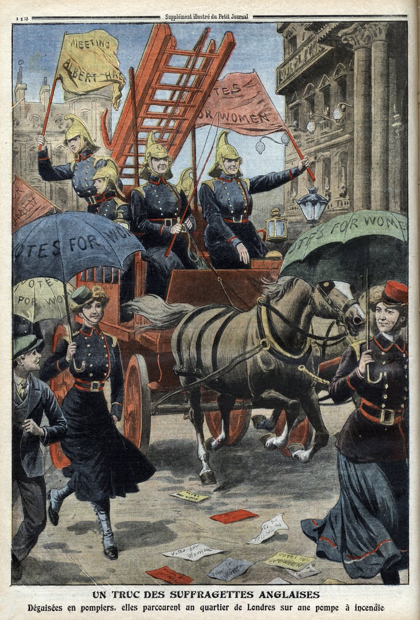 نواب إنجليز يرتدون ملابس رجال الإطفاء ، من Le Petit Journal ، 3 أبريل 1910 (نقش) بواسطة المدرسة الفرنسية