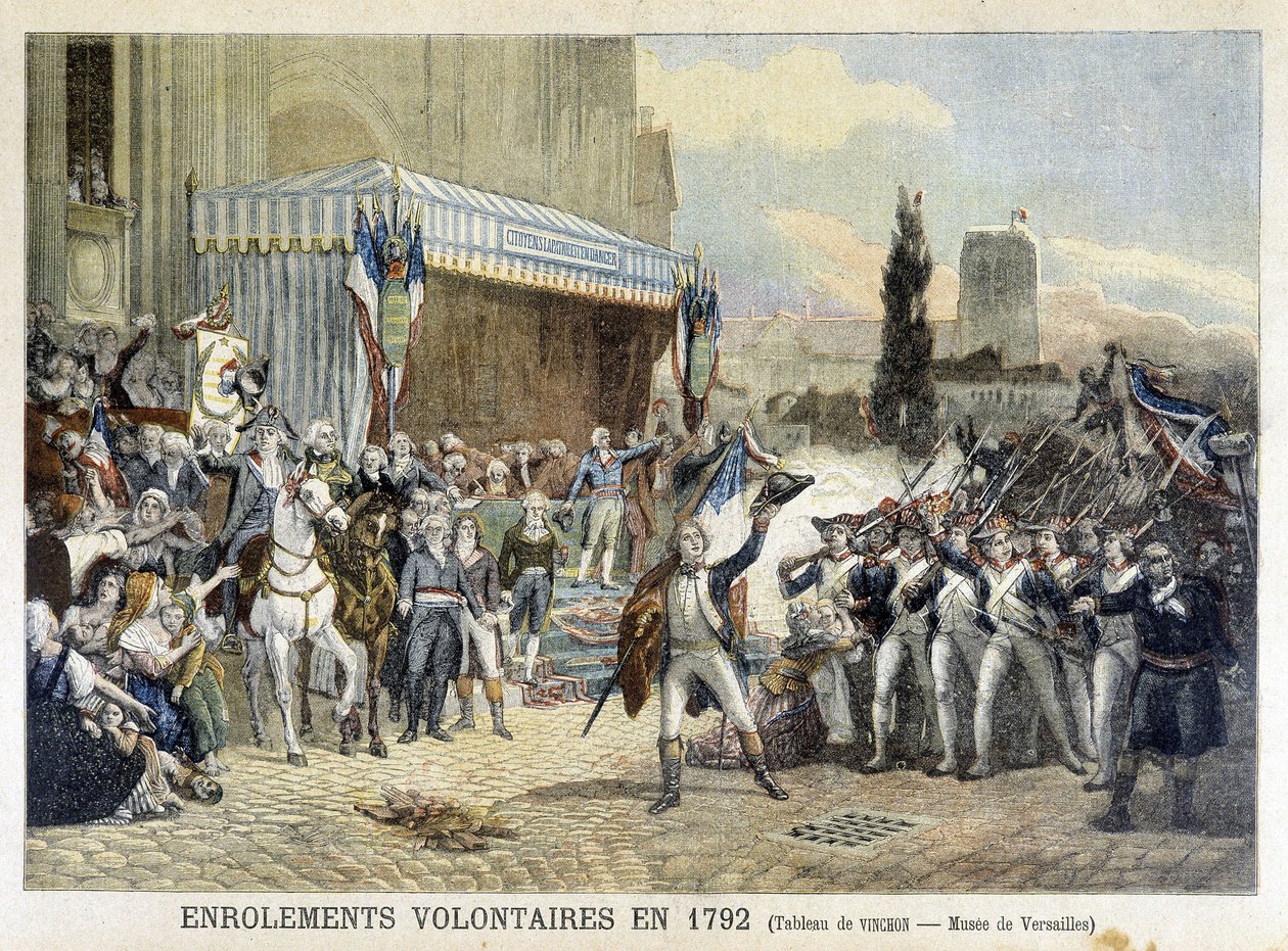 التحاق المتطوعين عام 1792 (نقش ملون) بواسطة المدرسة الفرنسية