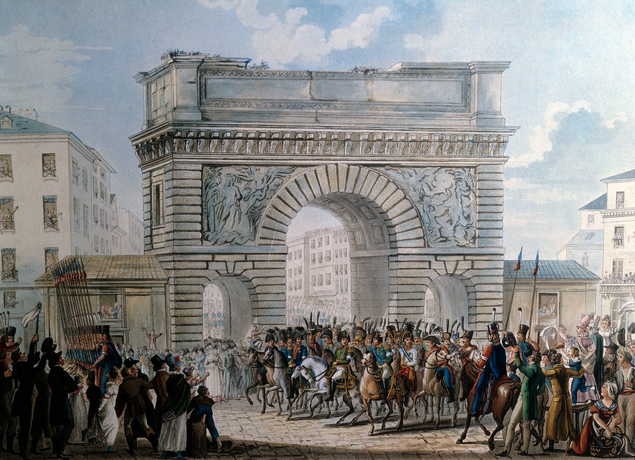 دخول الحلفاء إلى باريس عبر Porte Saint Martin في 31/03/1814 استعراض الملك لويس الثامن عشر (1755-1824). طباعة من عام 1814. باريس ، متحف كارنافاليت بواسطة المدرسة الفرنسية