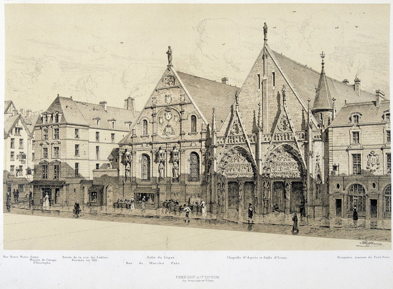 مدخل فندق Hotel-Dieu (Hotel Dieu) ، شارع du Marche Palu ، عام 1590 - في "Paris a travers les age" ، أواخر القرن التاسع عشر بواسطة المدرسة الفرنسية