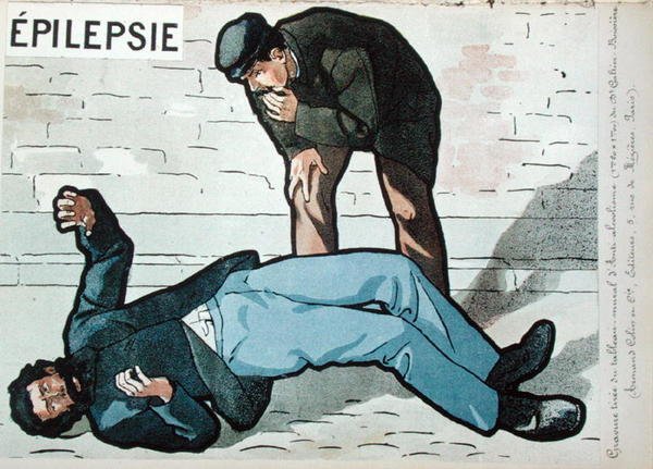 "نوبة صرع ناجمة عن إدمان حاد للكحول" ، مأخوذة من صورة جدارية للدكتور جالتير بواسير عن مخاطر إدمان الكحول ، أواخر القرن التاسع عشر الميلادي. (لون ليثو) بواسطة المدرسة الفرنسية