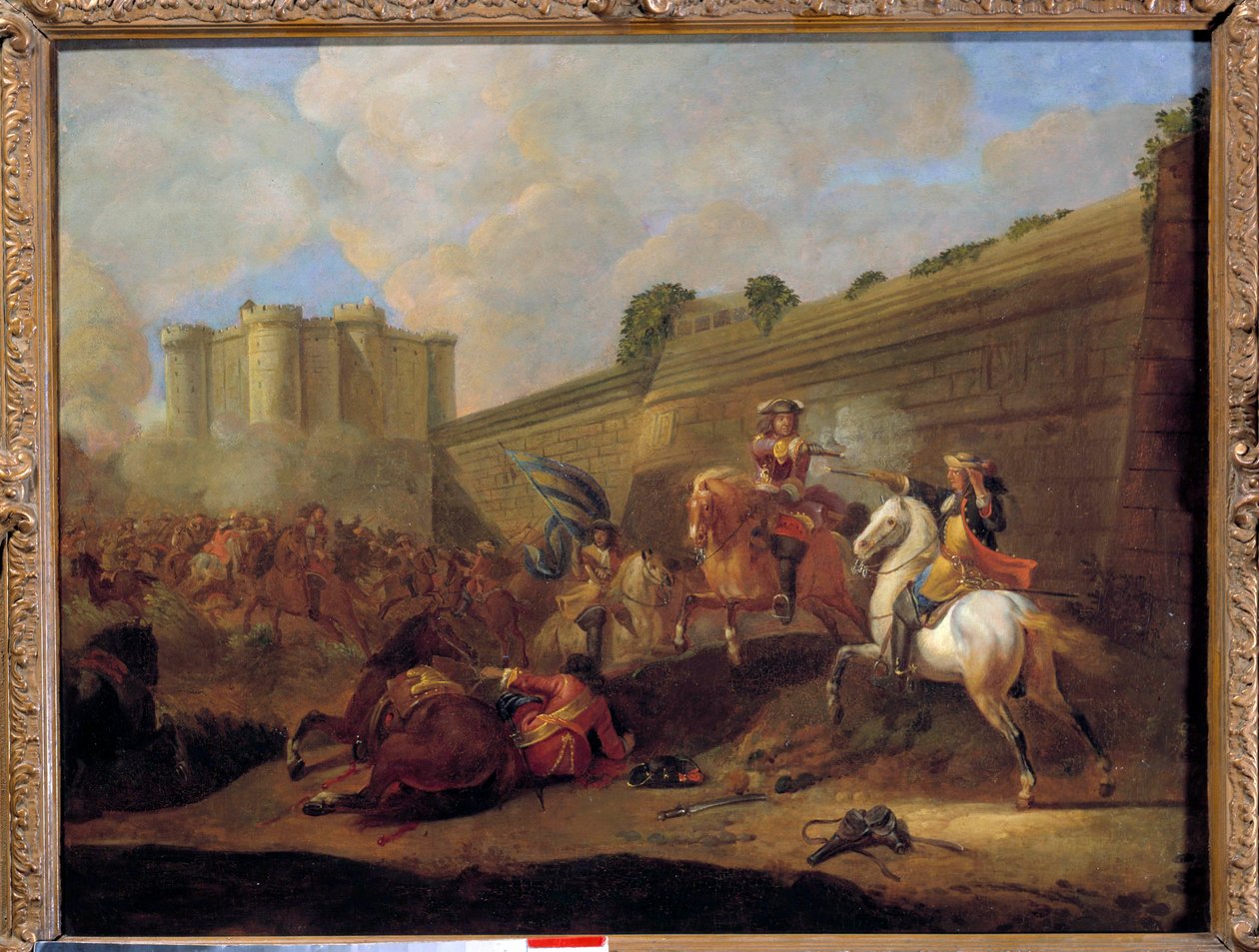 حلقة دي لا فروند في 1648-1652: قتال فارسين ، فوبورج سانت أنطوان تحت جدران لوحة الباستيل المضادة للجرف للمدرسة الفرنسية. القرن ال 17. أحد 0.5x0.72 م بواسطة المدرسة الفرنسية