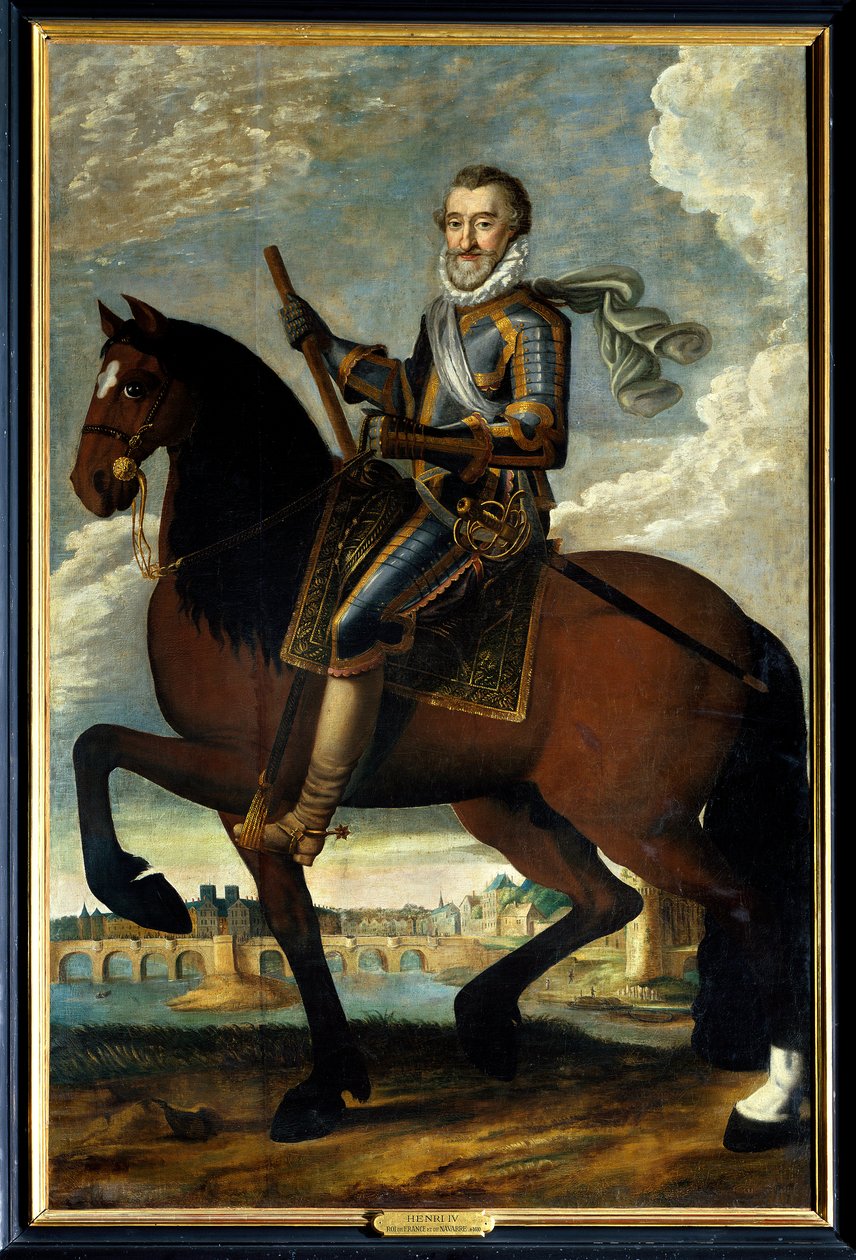 صورة الفروسية لهنري الرابع (1553-1610) ملك فرنسا أمام بونت نوف في باريس. لوحة مجهولة من القرن السابع عشر. زيت على قماش. ذكر إلزامي: سولي سور لوار ، شاتو دي سولي بواسطة المدرسة الفرنسية