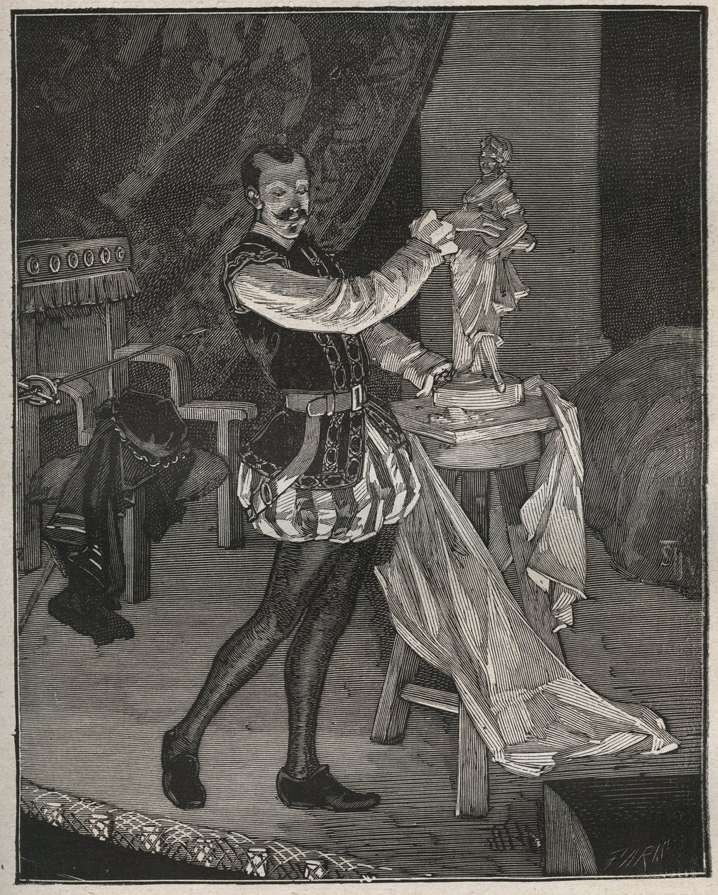 Etienne Marin Melingue (1808-1875) ، الممثل الفرنسي الذي يلعب دور النحات Benvenuto Cellini في مسرحية "Ascanio" لألكساندر دوماس بيري ، والتي تم تكييفها على المسرح بواسطة بول موريس. نقش من عام 1880 في "" Les Arts et metiers Illustres &quo بواسطة المدرسة الفرنسية