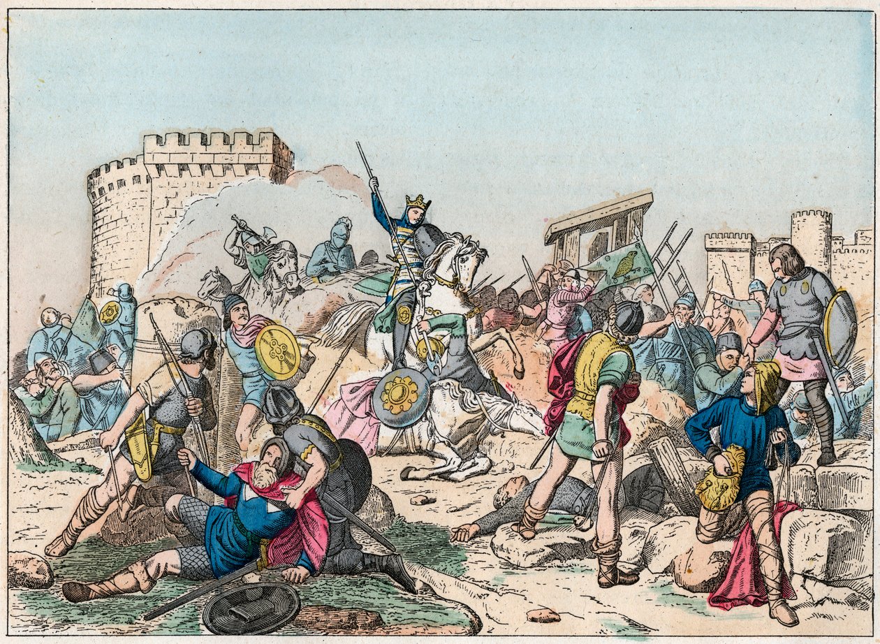 Eudes (Odon) (860-898) ، سلالة كارولينجيان ، قادت المعركة ضد النورمان ودافع منتصرًا عن باريس (885-887) - Eudes (860-898) في معركة ضد النورمانديين - نقش نهاية القرن التاسع عشر في “” Nos Gires Nationales - Images et reci بواسطة المدرسة الفرنسية