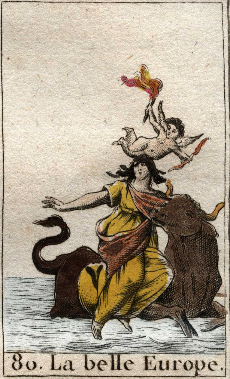 يوروبا الذي اختطفه زيوس على شكل ثور من "Mythologie de la jeunesse" لبيير بلانشارد 1803. بواسطة المدرسة الفرنسية