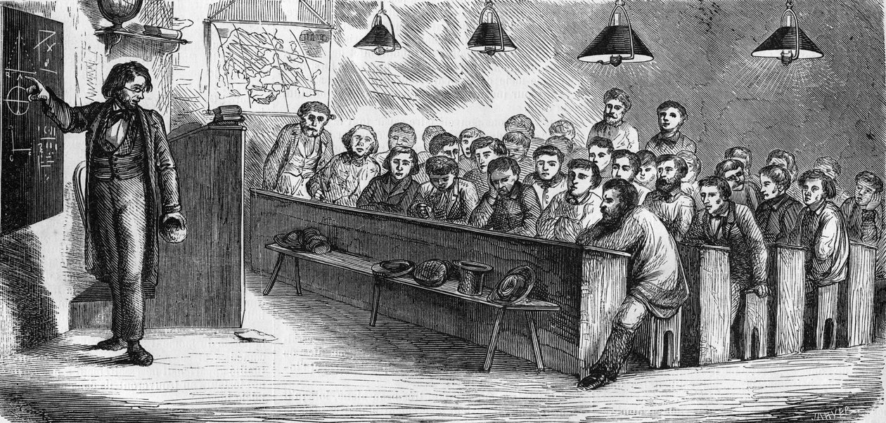 فصل مسائي في مدرسة عامة للبالغين في باريس عام 1858. بواسطة المدرسة الفرنسية