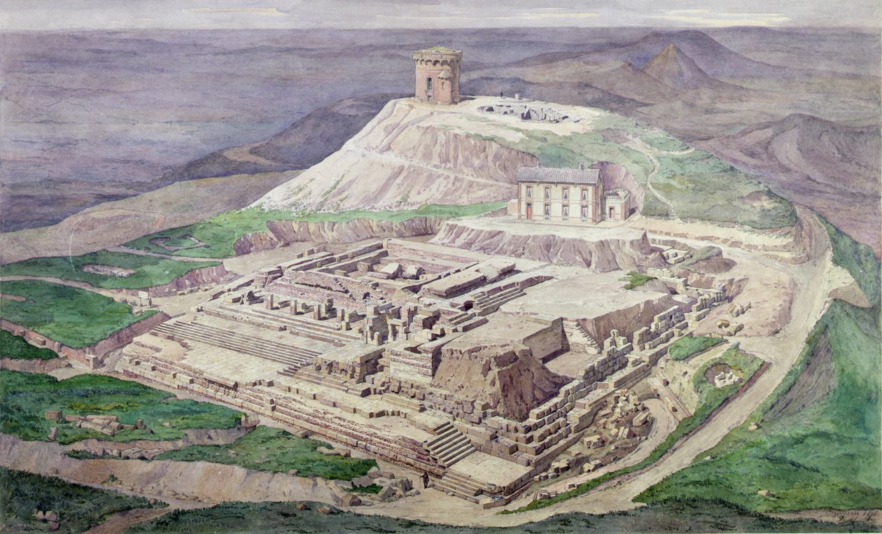 التنقيب عن أنقاض معبد غالو الروماني في ميركوري عام 1876 (ألوان مائية) بواسطة المدرسة الفرنسية