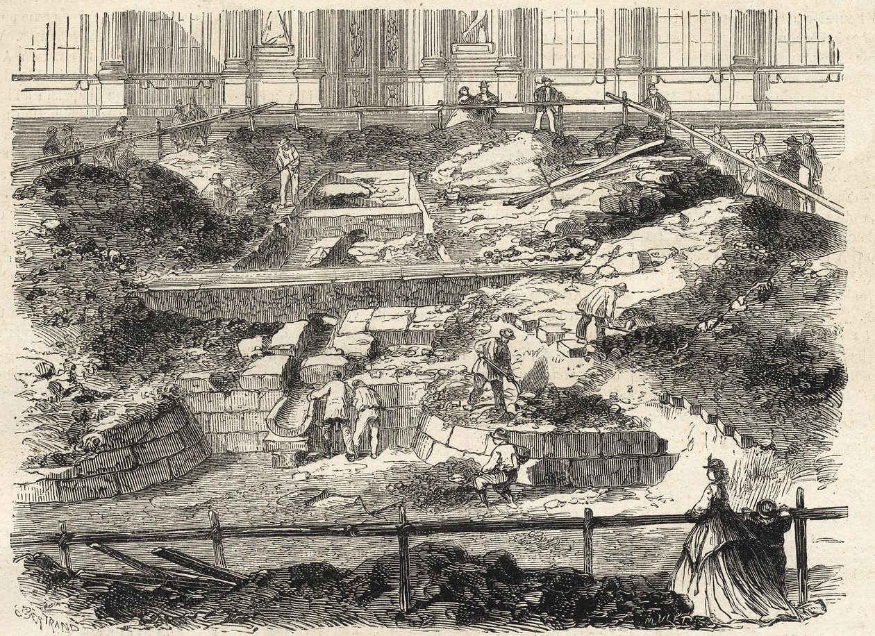 أعمال التنقيب في Cour Carree du Louvre - اكتشاف أساسات برج فيليب أوغست السابق - حفريات نُفِّذت في فناء متحف اللوفر - تحديث أسس جولة فيليب أوغست السابقة - نقش في "Le monde i" بواسطة المدرسة الفرنسية