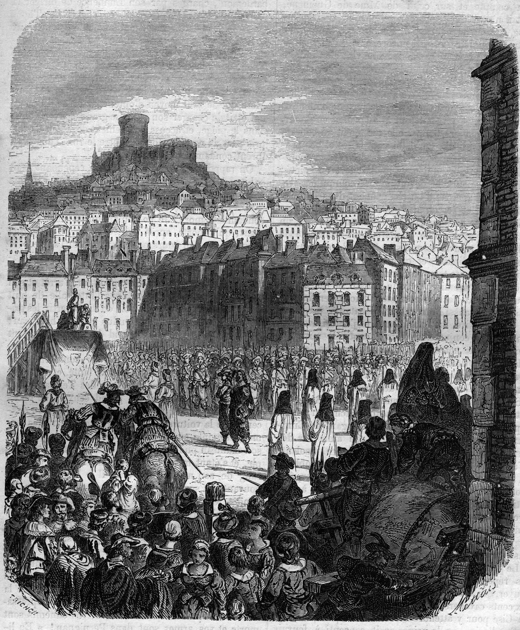 إعدام Henri Coiffier de Ruze d'Effiat ، Marquis of Cinq-Mars (Cinq Mars) (1620-1642) ، "المفضل" للملك لويس الثالث عشر وفرانسوا أوغست دي تو (1607-1642) ، القاضي الفرنسي في Place des Terreaux in ليون. نقش في "Histoire des Papes-Rois-Queen بواسطة المدرسة الفرنسية