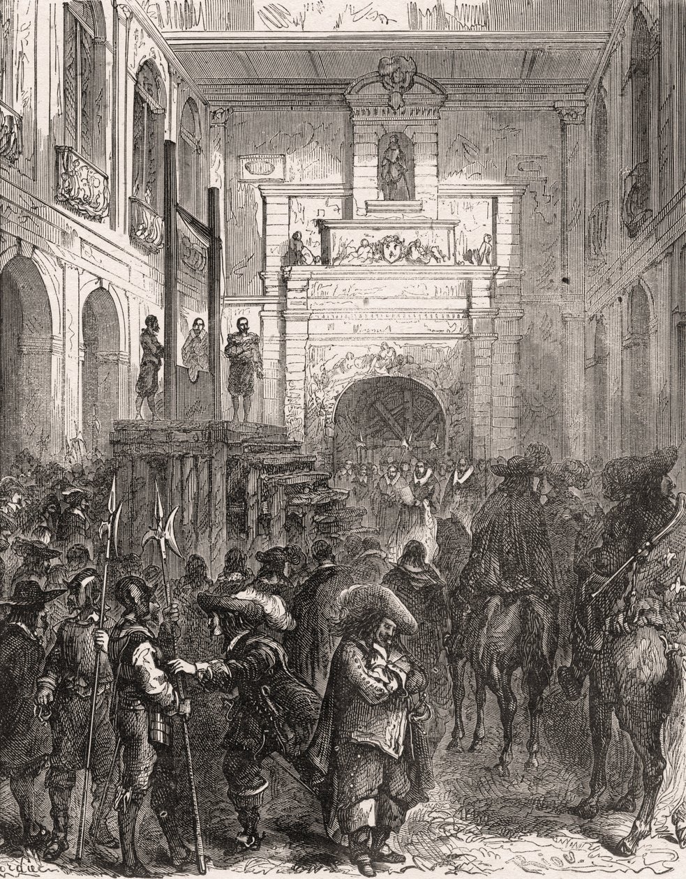 تنفيذ المارشال هنري الثاني من مونتمورنسي (مونتمورنسي) (1595-1632) في تولوز عام 1632. نقش في "" لوحات هيستوار دي فرانس أون سين لبول ليوجور "" 1891. بواسطة المدرسة الفرنسية