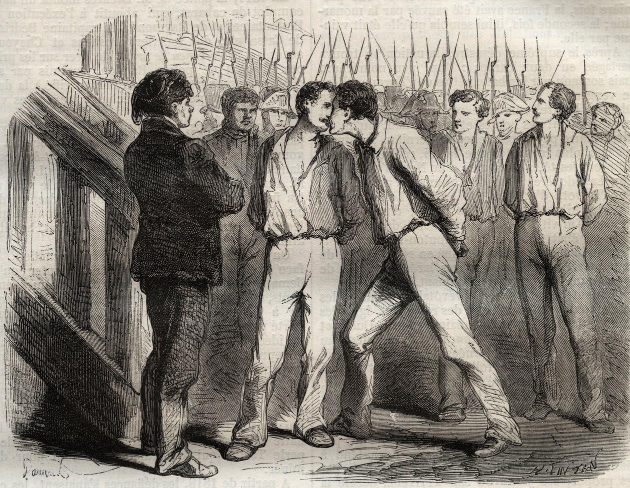 إعدام رقباء لاروشيل الأربعة في 21 سبتمبر 1822: طلب بوريس وراولكس وغاوبين وبومييه - راولكس ، الذي كان من المقرر أن يجتاز الأول ، احتضان رفاقه - نقش في "" Causes celebres de tous les peuples "بقلم أرماند فوكيه (1817-18؟) 18 بواسطة المدرسة الفرنسية