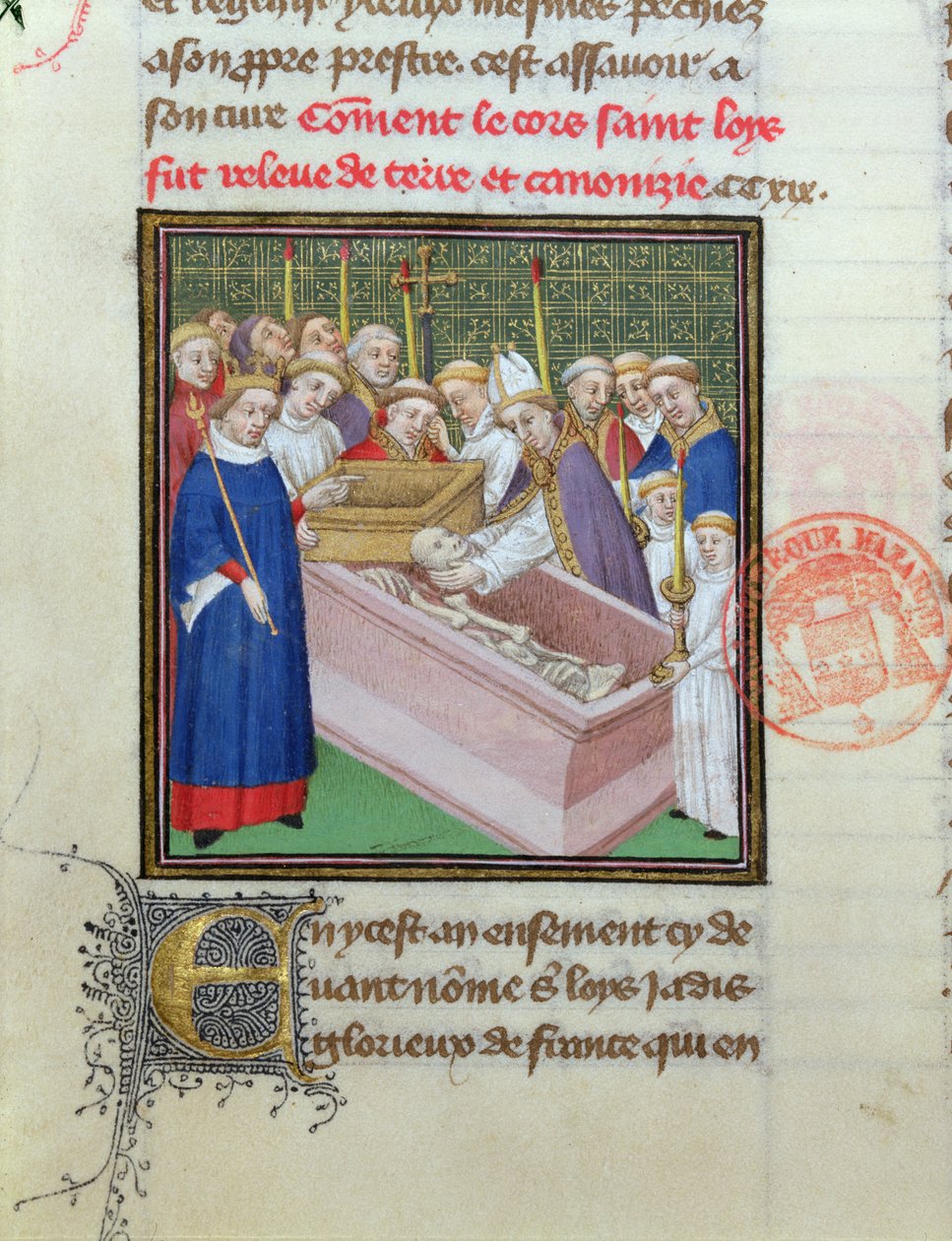استخراج الجثث وتجنيد القديس لويس (1215-70) في عام 1297 ، من Les Grandes Chroniques de France بواسطة المدرسة الفرنسية
