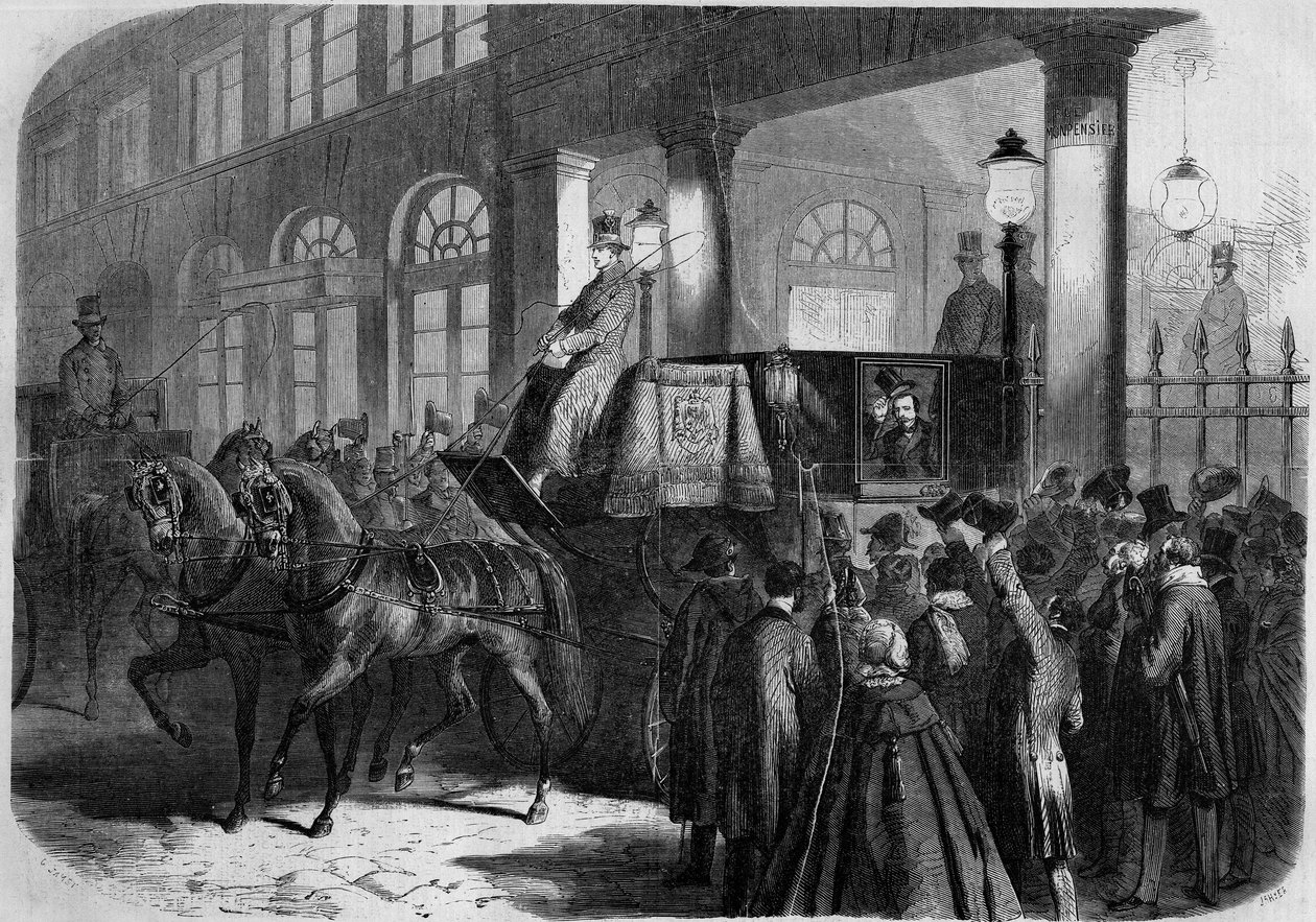 خروج الإمبراطور نابليون الثالث (1808-1873) من كوميدي فرانسيز (كوميدي-فرانسيز) بعد تمثيل "" تشاتيرتون "". باريس بواسطة المدرسة الفرنسية