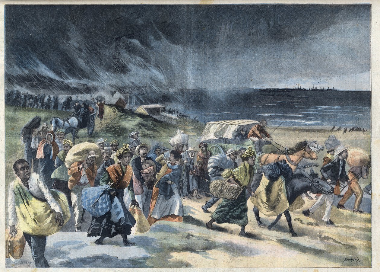 نزوح سكان Fort de France (Fort-de-France) بعد ثوران بركان de la Montagne Pelee في مارتينيك. نقش في "" Le Petro Parisien "" بواسطة المدرسة الفرنسية