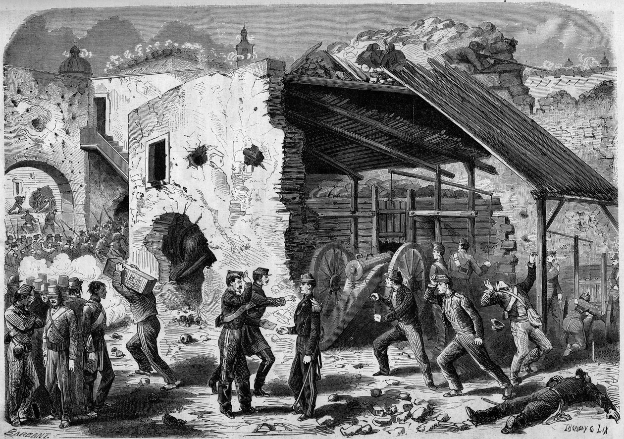بعثة من المكسيك (1861-1867) - حصار بويبلا - 1863: هجوم على كادر (منزل سكني) من قبل الجيش الفرنسي. بمجرد دخول المدينة ، كان على الجنود الفرنسيين القتال ربعًا تلو الآخر. نقش في "" لوموند 1 بواسطة المدرسة الفرنسية