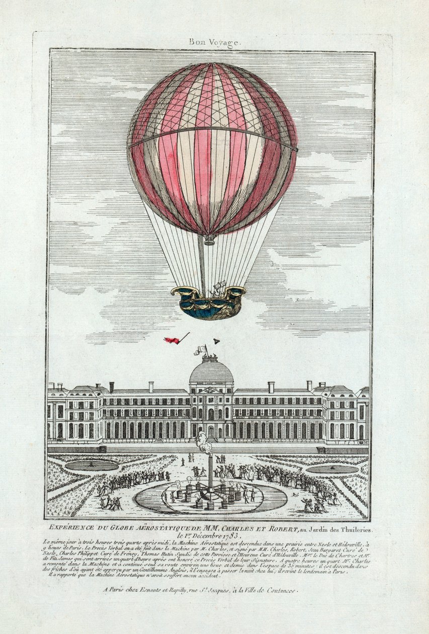 تجربة الكرة الأرضية الهوائية من MM. تشارلز وروبرت في Jardin des Thuileries في 1 ديسمبر 1783 ، حانة. 1783 (نقش ملون يدويًا) بواسطة المدرسة الفرنسية