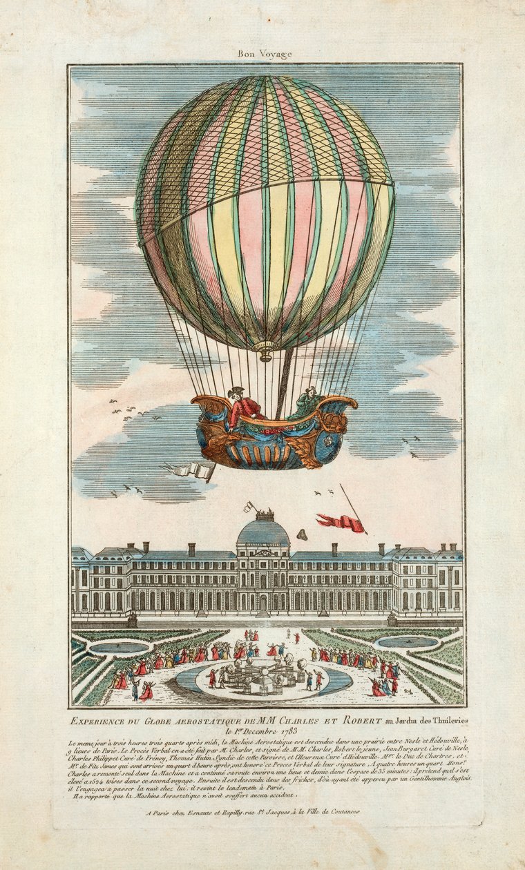 تجربة الكرة الأرضية الهوائية من MM. تشارلز وروبرت في Jardin des Thuileries في 1 ديسمبر 1783 ، حانة. 1783 (نقش ملون يدويًا) بواسطة المدرسة الفرنسية