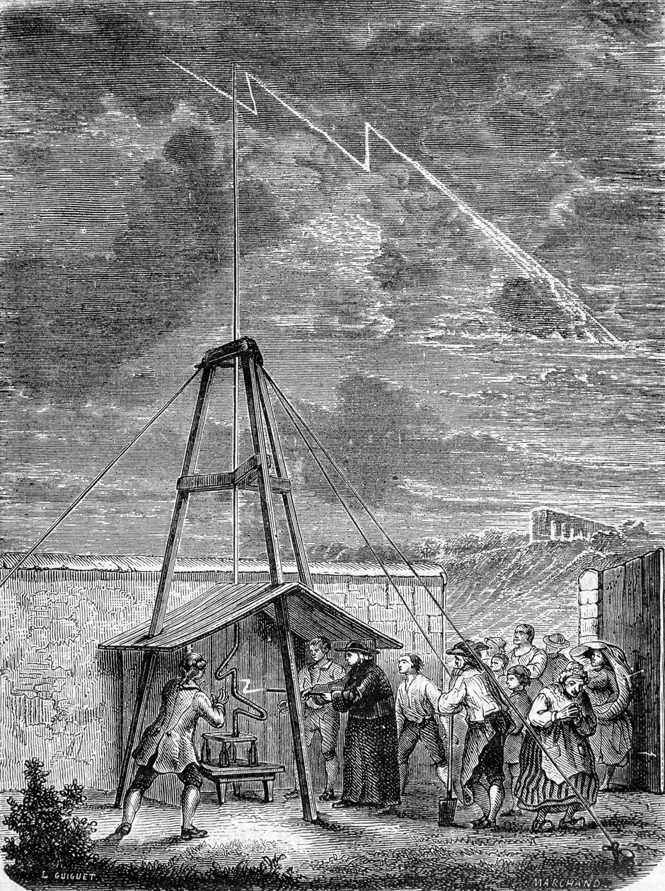 Experience made on 10 May 1752, by Thomas Francois (Thomas-Francois) Dalibard (1703-1779) a Marly, first demonstration of the presence of electricite in stormy clouds - engraving بواسطة المدرسة الفرنسية