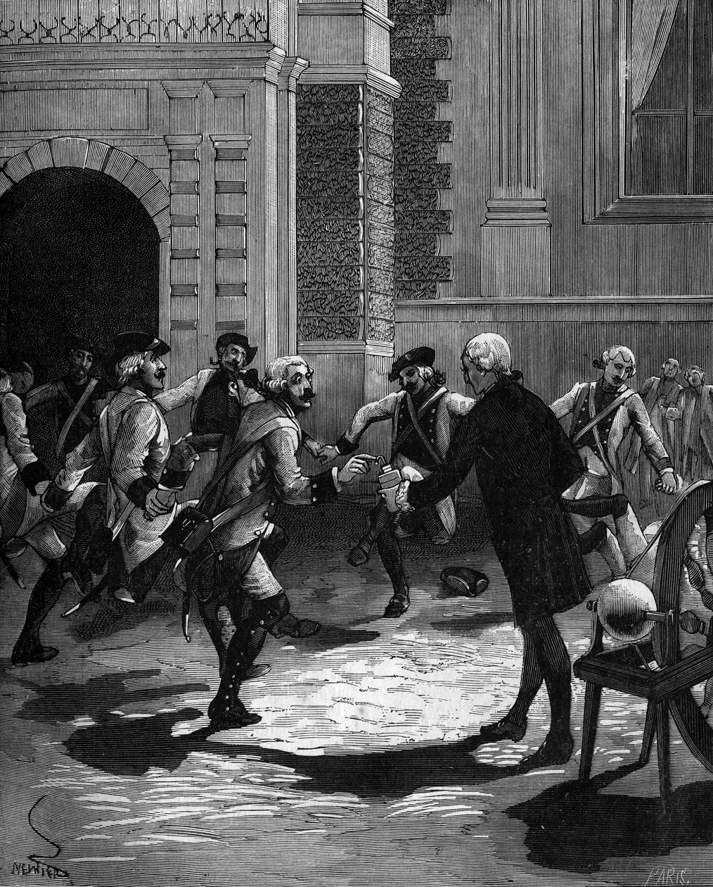 تجربة زجاجة Leiden بواسطة Abbe Jean Antoine Nollet (Jean-Antoine) (1700-1770) ، عالم الفيزياء الفرنسي في فرساي ، حيث تم ضرب 180 حارساً في نفس الوقت. بواسطة المدرسة الفرنسية