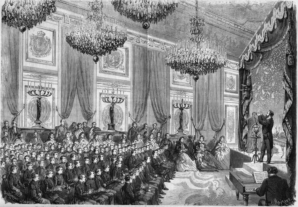 التجارب الفيزيائية التي أجراها هنري روبن (حوالي 1803-1874) تكريما لأفضل طلاب مدرسة ليسيه دي باريس ، وهو عرض قدمه الأمير الإمبراطوري في قصر التويلري ، 27 يناير 1865. الحاضر: الأمير الإمبراطوري ، ابن من ن بواسطة المدرسة الفرنسية