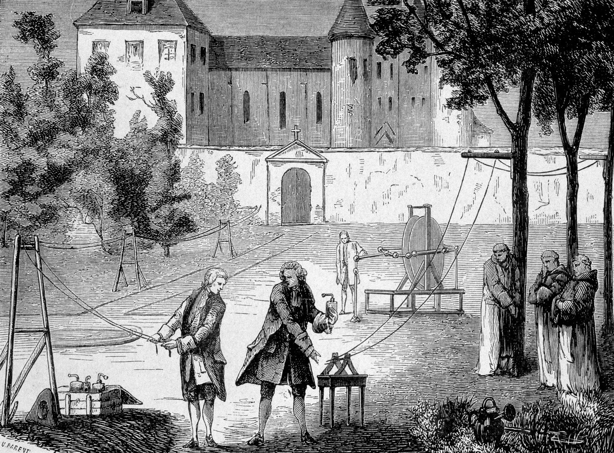 تجربة قام بها ليمونير في عام 1746 في دير شارترو لتقدير سرعة الكهرباء - في ألبوم de la Science؛ علماء لامعون الاكتشافات العظيمة "" "1896. بواسطة المدرسة الفرنسية