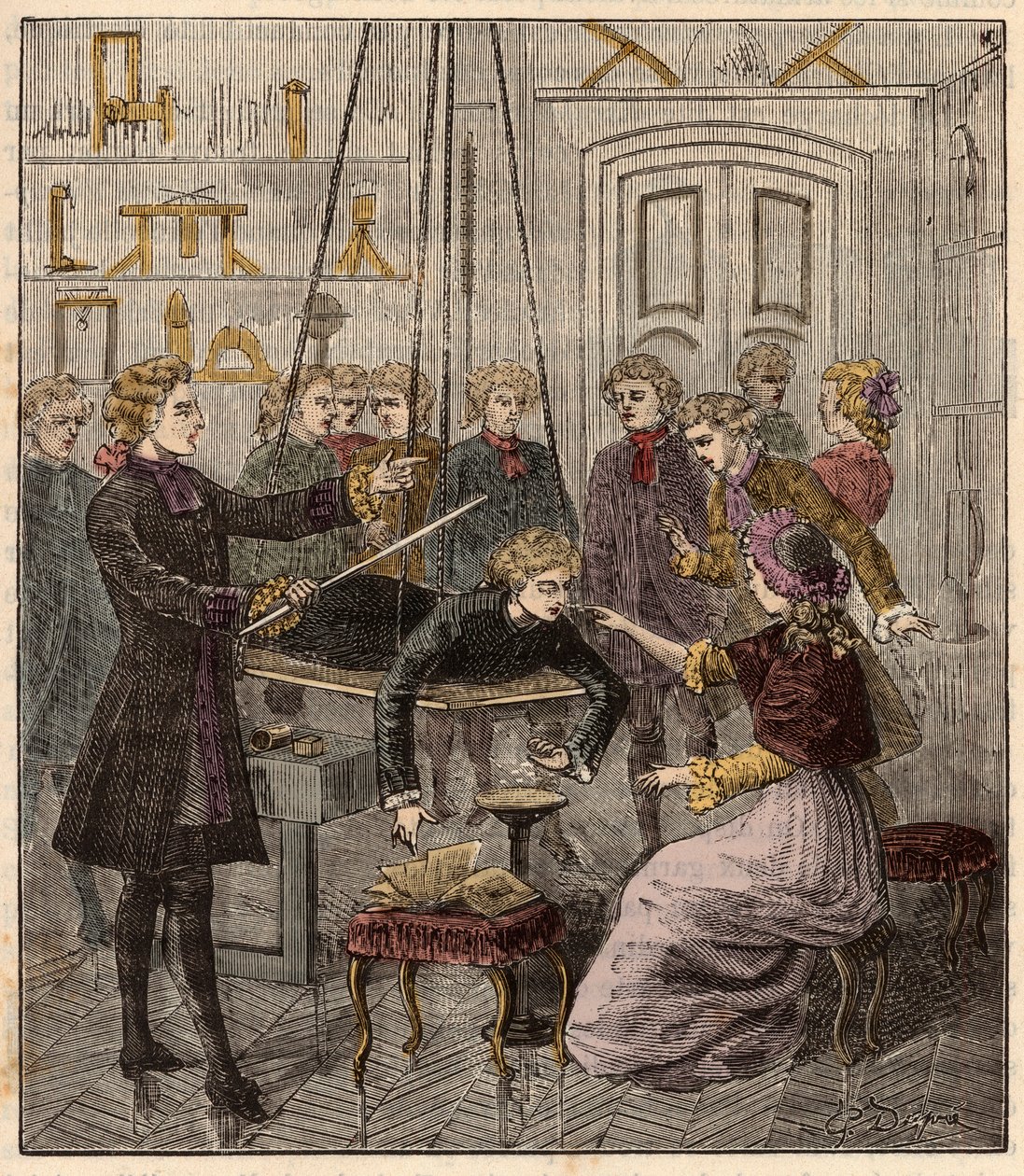 تجربة سور l'electricite للآب جان أنطوان (جان أنطوان) نوليت (1700-1770) - تجربة كهربائية أجراها على رجل بواسطة Abbe Jean Antoine Nollet (1700-70) في خزانة فيزيائية - نقش في "Science à la gratete de tous - الفيزياء والكيمياء popu بواسطة المدرسة الفرنسية