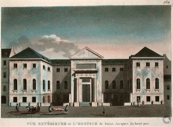 منظر خارجي لـ Hospice Saint-Jacques ، حوالي 1800 (نقش ملون) بواسطة المدرسة الفرنسية