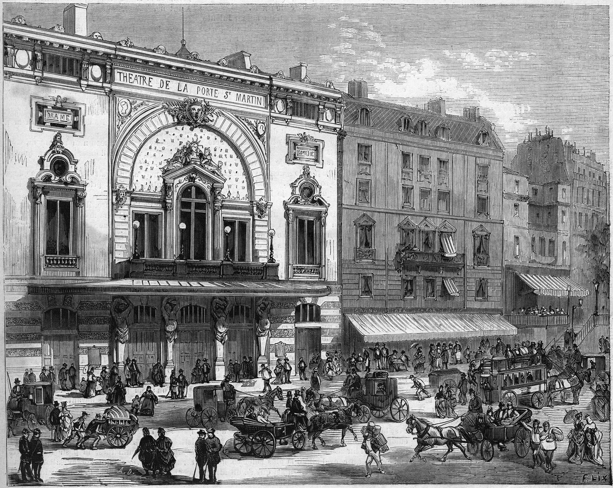 منظر خارجي لمسرح Porte Saint Martin في باريس ، أعيد بناؤه عام 1873. نقش في "" Le Monde Illustré "رقم 856 بتاريخ 6 سبتمبر 1873. بواسطة المدرسة الفرنسية