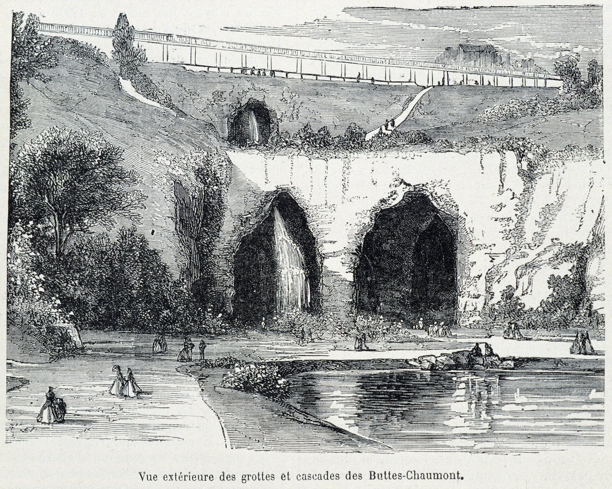 Exterior view of the cacscades and caves of the Buttes Chaumont, engraving 19th century بواسطة المدرسة الفرنسية