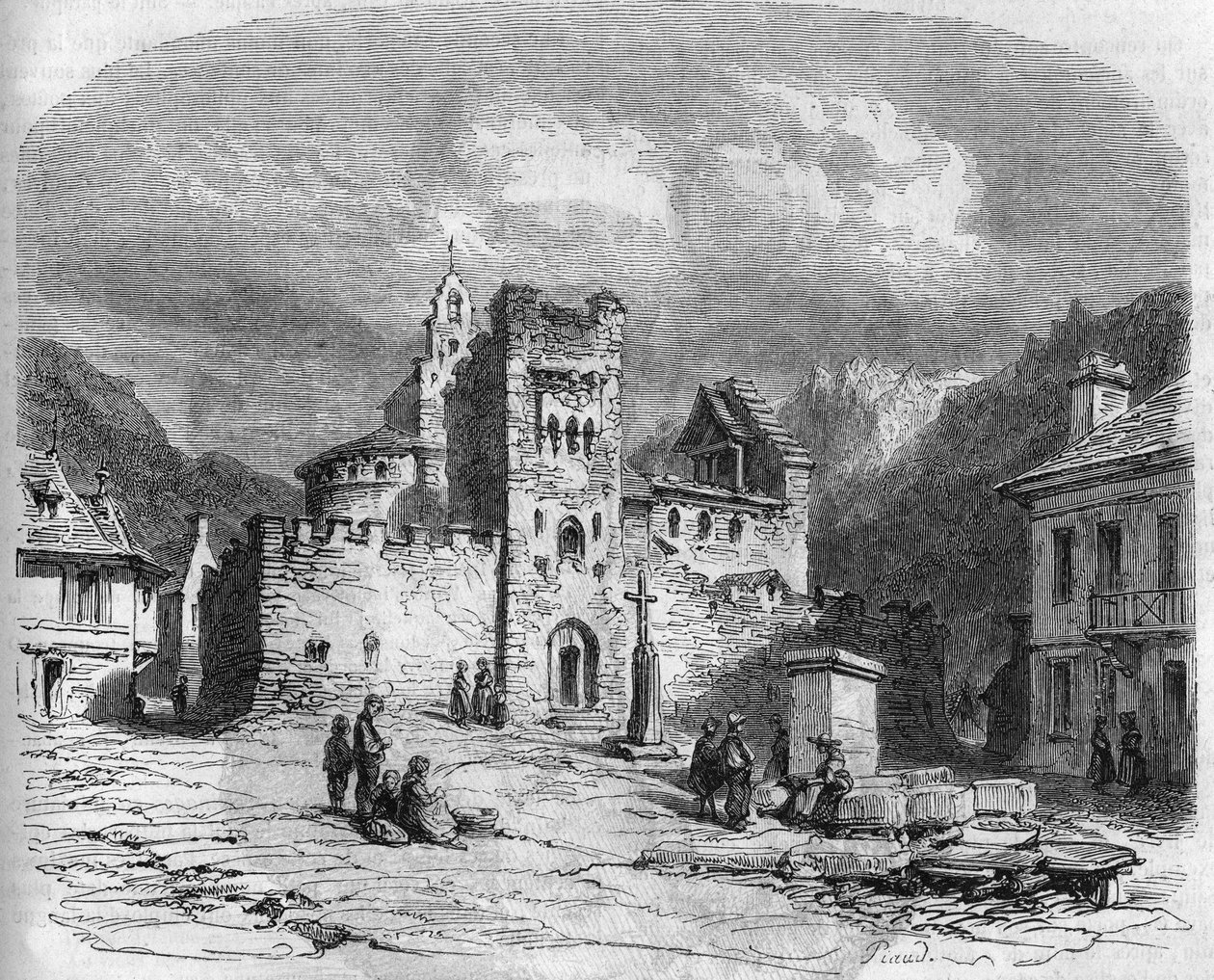 منظر خارجي لكنيسة القديس أندريه (كنيسة فرسان الهيكل) المحصنة في القرن الرابع عشر. Luz saint savior (Luz-Saint-Sauveur) ، Hautes Pyrennees (65) بواسطة المدرسة الفرنسية