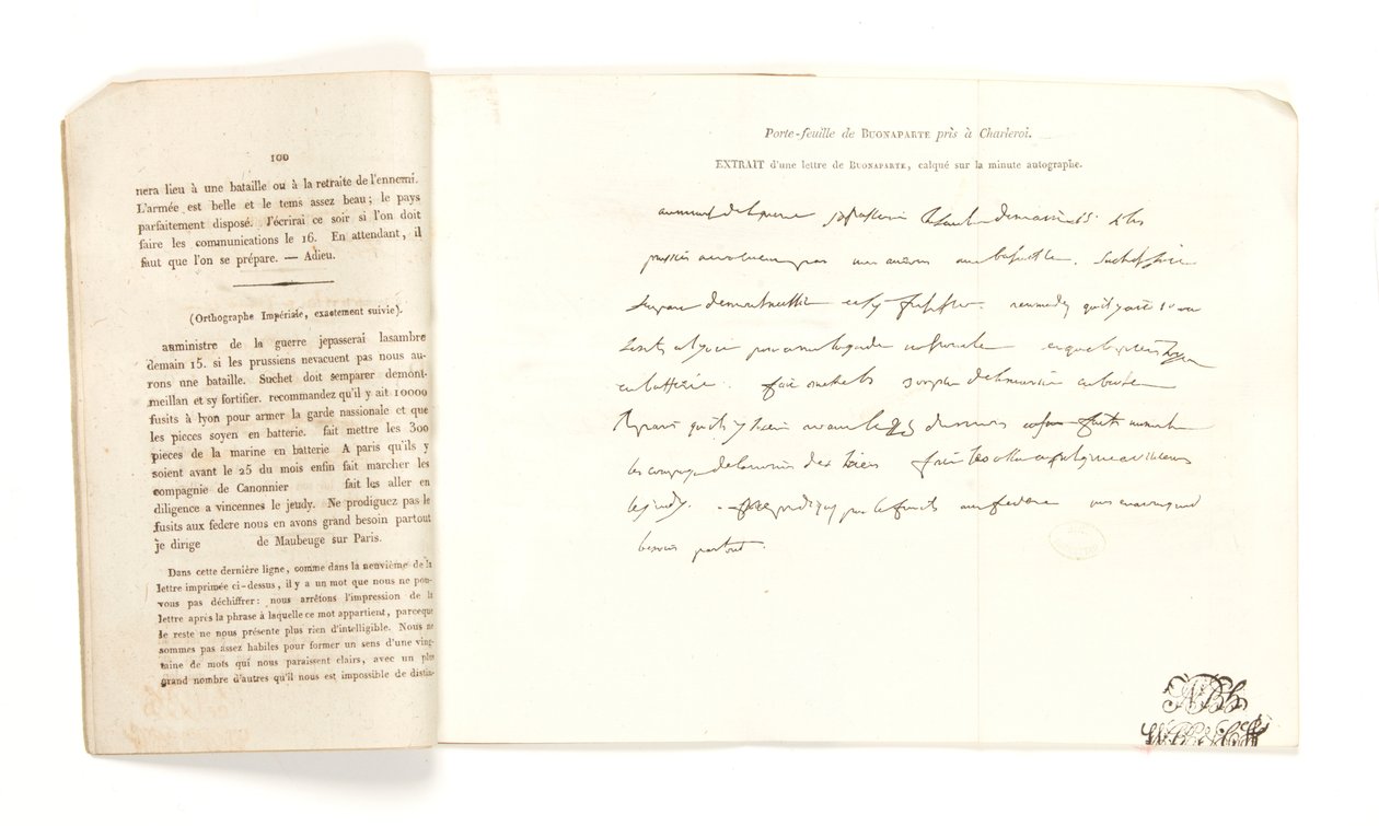 مقتطف من خطاب من بونابرت ، من Portefeuille de Buonaparte pris à Charleroi في ١٨ يونيو ١٨١٥ (قلم وحبر على ورق) بواسطة المدرسة الفرنسية