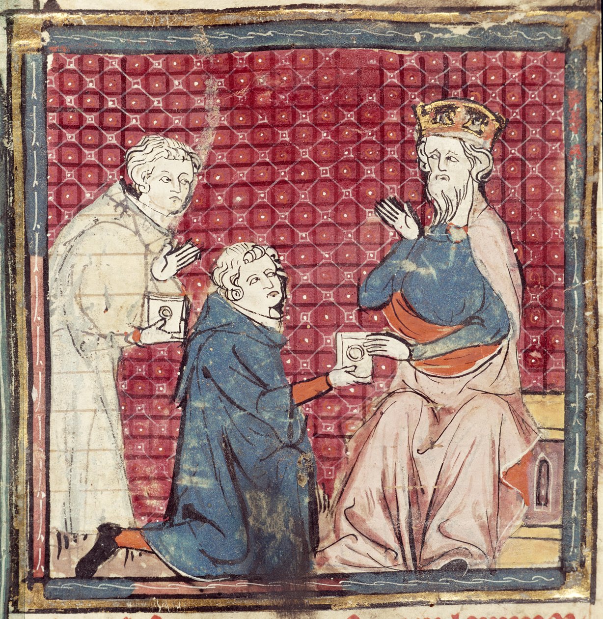 F.117r رسل يخبرون شارلمان بفوزه على المسلمين ، من Grandes Chroniques de France ، 1375-79 بواسطة المدرسة الفرنسية