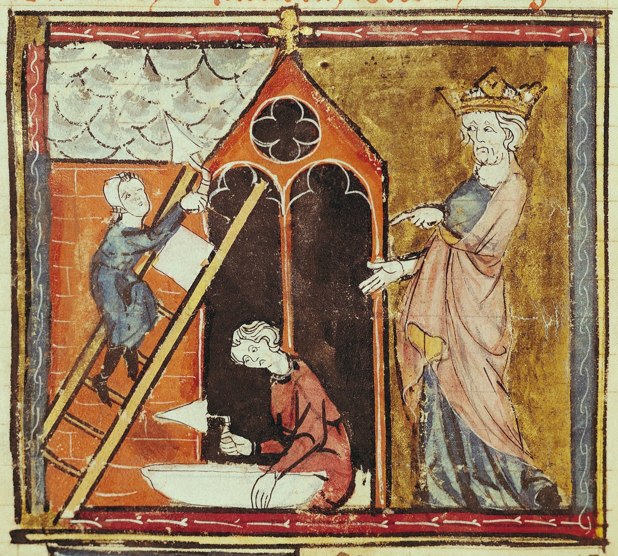 F.235v الملك لويس السادس (1080-1137) يشاهد بناء كنيسة من Grandes Chroniques de France 1375-79 بواسطة المدرسة الفرنسية